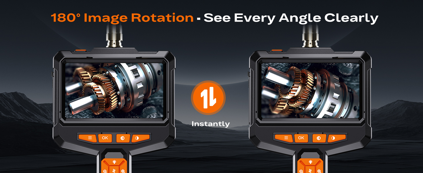 Text reads '180° Image Rotation • See Every Angle Clearly'. Series of images showing device rotation capabilities with interface elements visible.