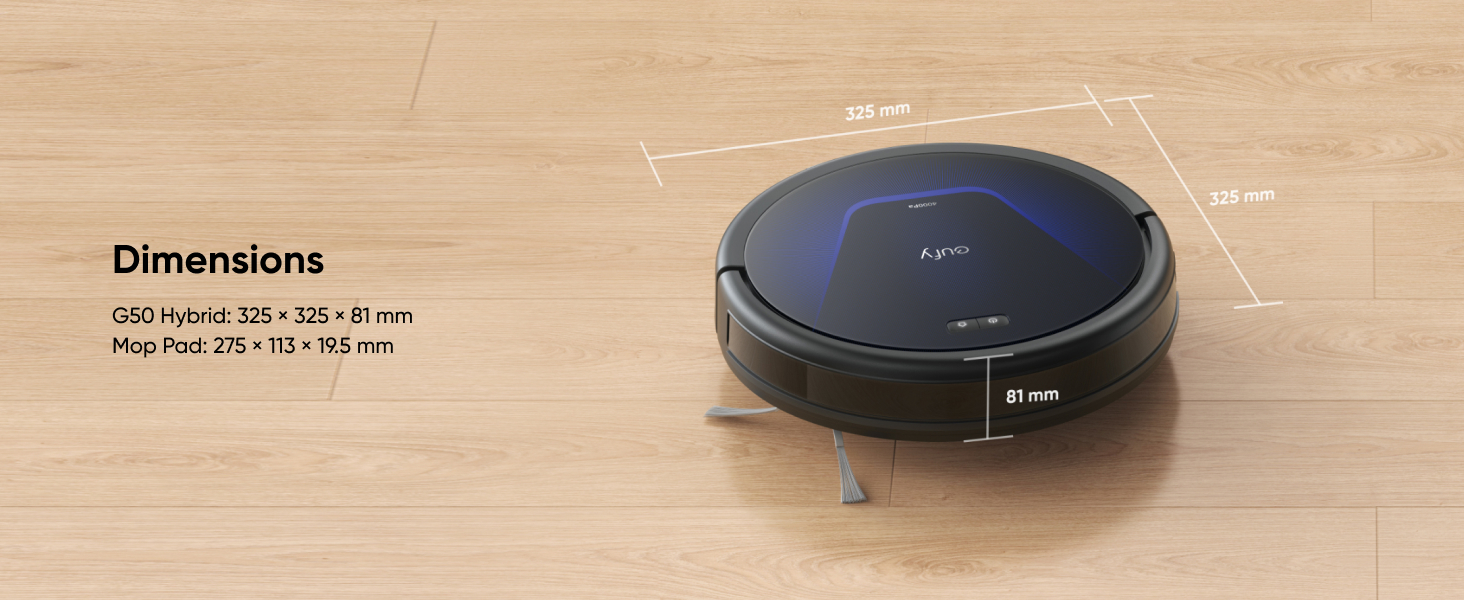 Round robotic vacuum cleaner in dark blue/black color, shown with dimensional specifications.