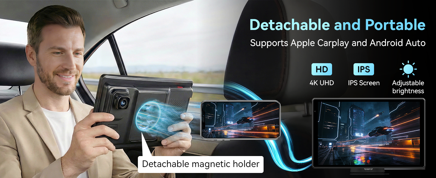 Text reads 'Detachable and Portable'. Product showcase of portable device with blue lighting effects, displaying multiple viewing angles and usage scenarios.
