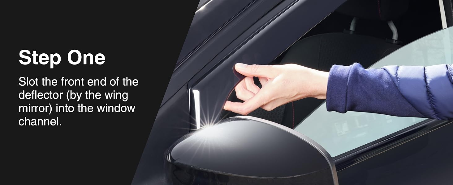 Instructional image showing car window installation process, with text 'Step One' demonstrating deflector placement into window channel.