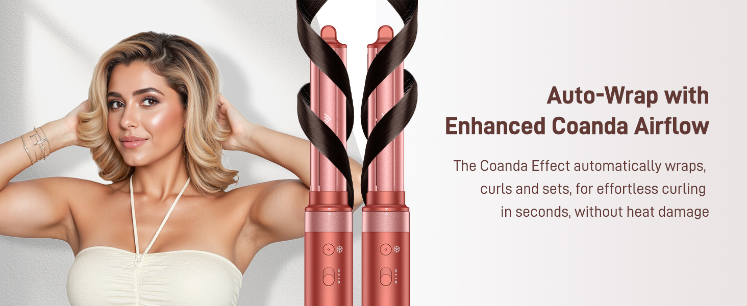 Text reads 'Auto-Wrap with Enhanced Coanda Airflow' and 'The Coanda effect automatically wraps curls to hair safe, for effortless curling in seconds, with out heat damage.' Woman with blonde hair demonstrating hair wrapping tool with black and pink cylindrical device.