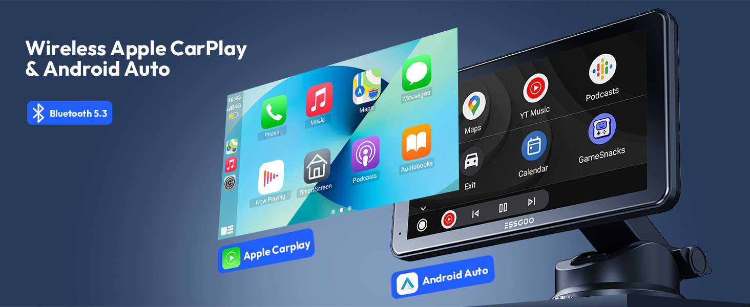 Text reads 'Wireless Apple CarPlay & Android Auto'. Vehicle infotainment system display showing various app icons and interface elements.