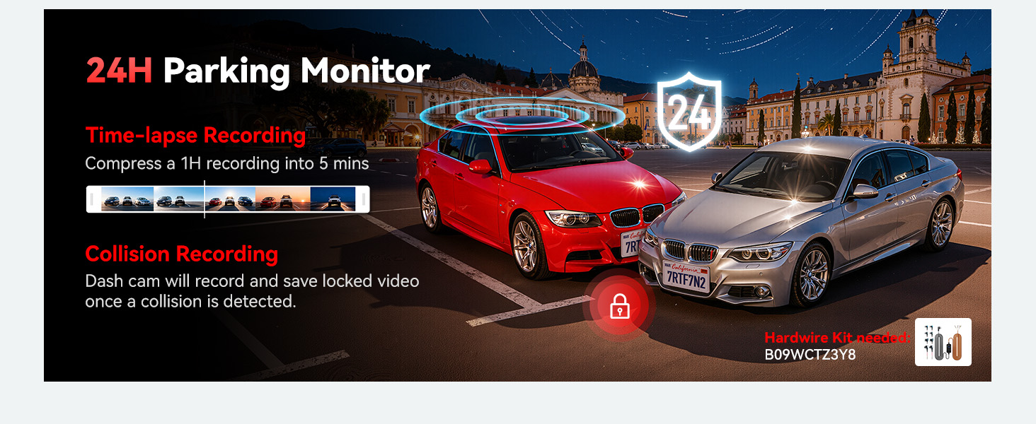 Text reads '24H Parking Monitor'. Advertisement showing luxury cars at night with illuminated buildings in background.