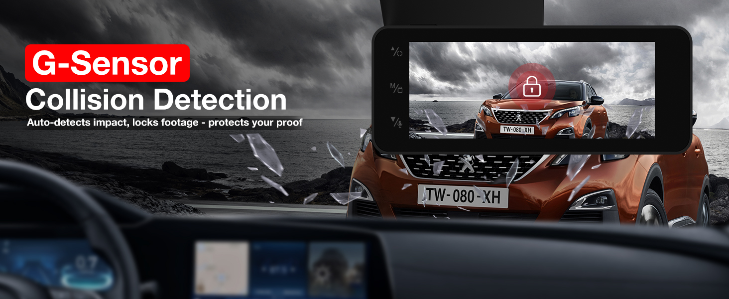 Text reads 'G-Sensor'. Series of nighttime driving scenes showing car dashboard and road conditions with overlay graphics.