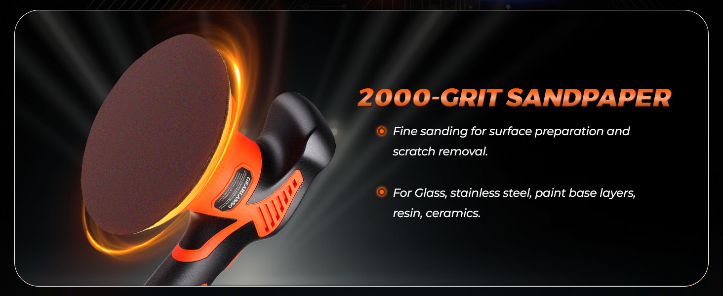 2000-grit sandpaper tool with orange handle and circular brown sanding pad, shown against dark background with radiating light effects