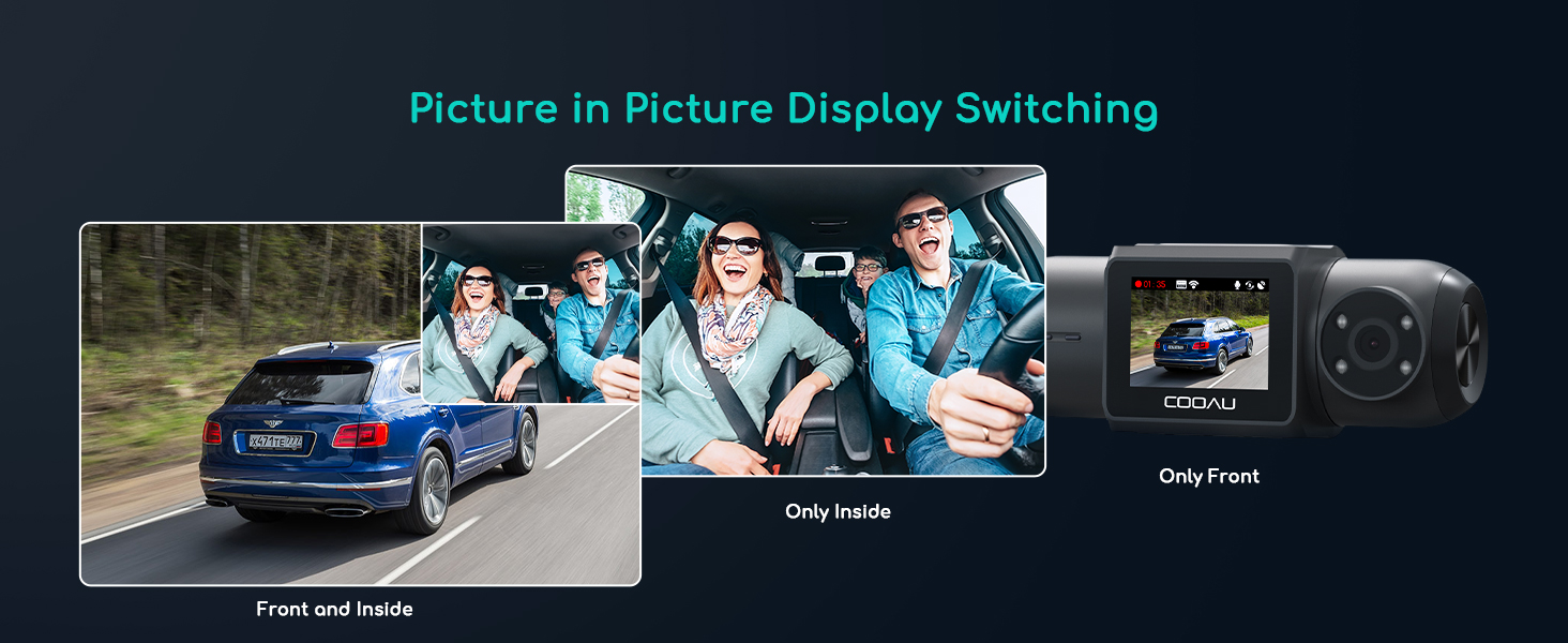 Text reads 'Picture in Picture Display Switching'. Series of car display screens showing multiple viewing angles and picture-in-picture functionality