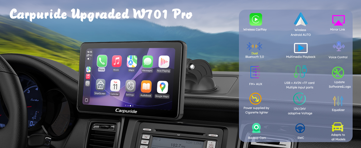 Text reads 'Carpuride Upgraded W701 Pro'. Car dashboard displaying smartphone integration screen with app icons and navigation interface.