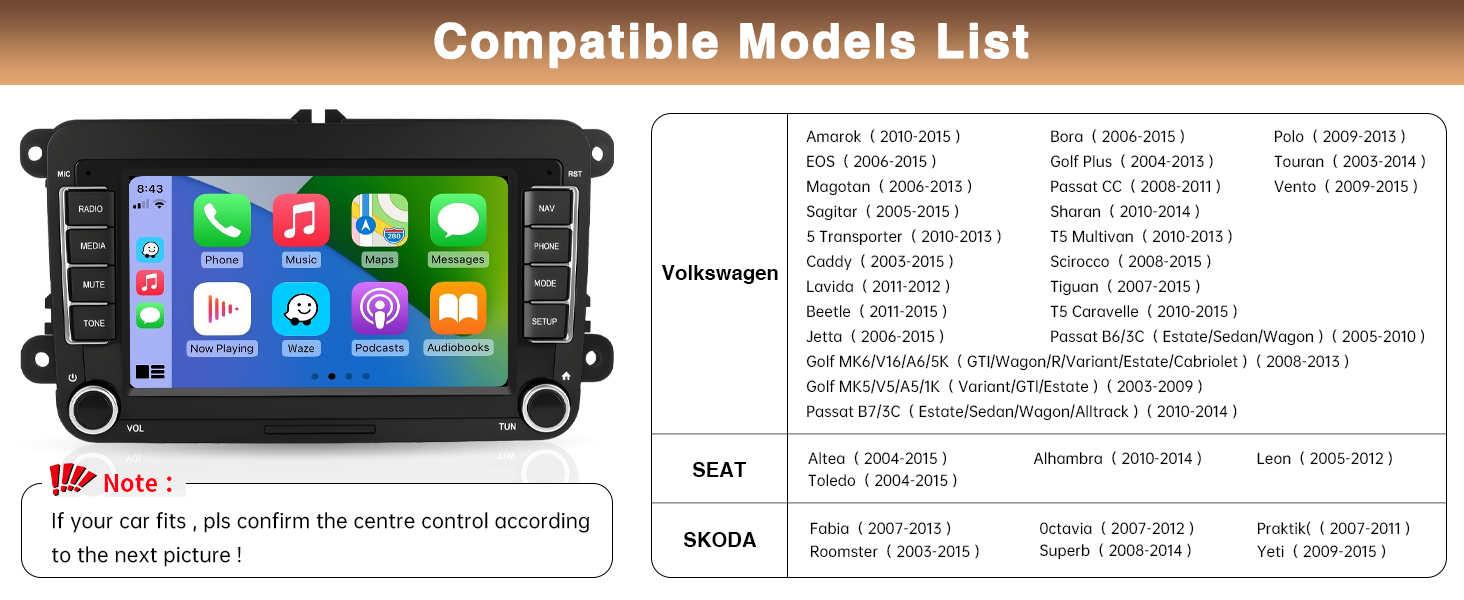 Text reads 'Compatible Models List' followed by detailed vehicle compatibility chart showing various car models. Shows smartphone interface display with app icons and navigation features.