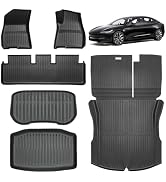 Collection of black rubber car floor mats displayed with a red Tesla Model 3 convertible. Mats show ribbed pattern and are shaped to fit specific areas of the vehicle.