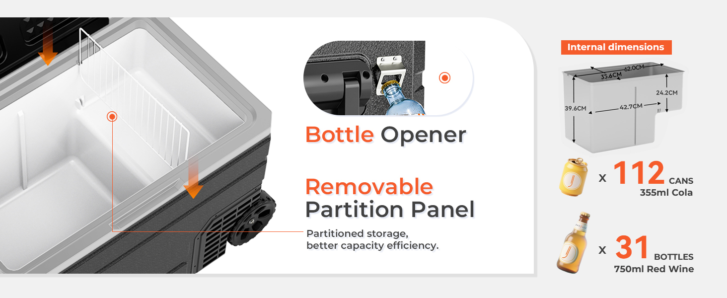Text reads 'Made-Opened Removable Portion Panel' with product packaging showing compartmentalized storage container, pricing visible €12.99, €13.99.