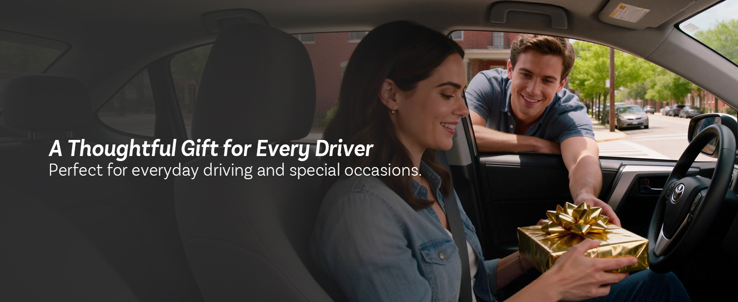Text reads 'A Thoughtful Gift for Every Driver'. Series of lifestyle photos showing people in and around vehicles in outdoor settings.