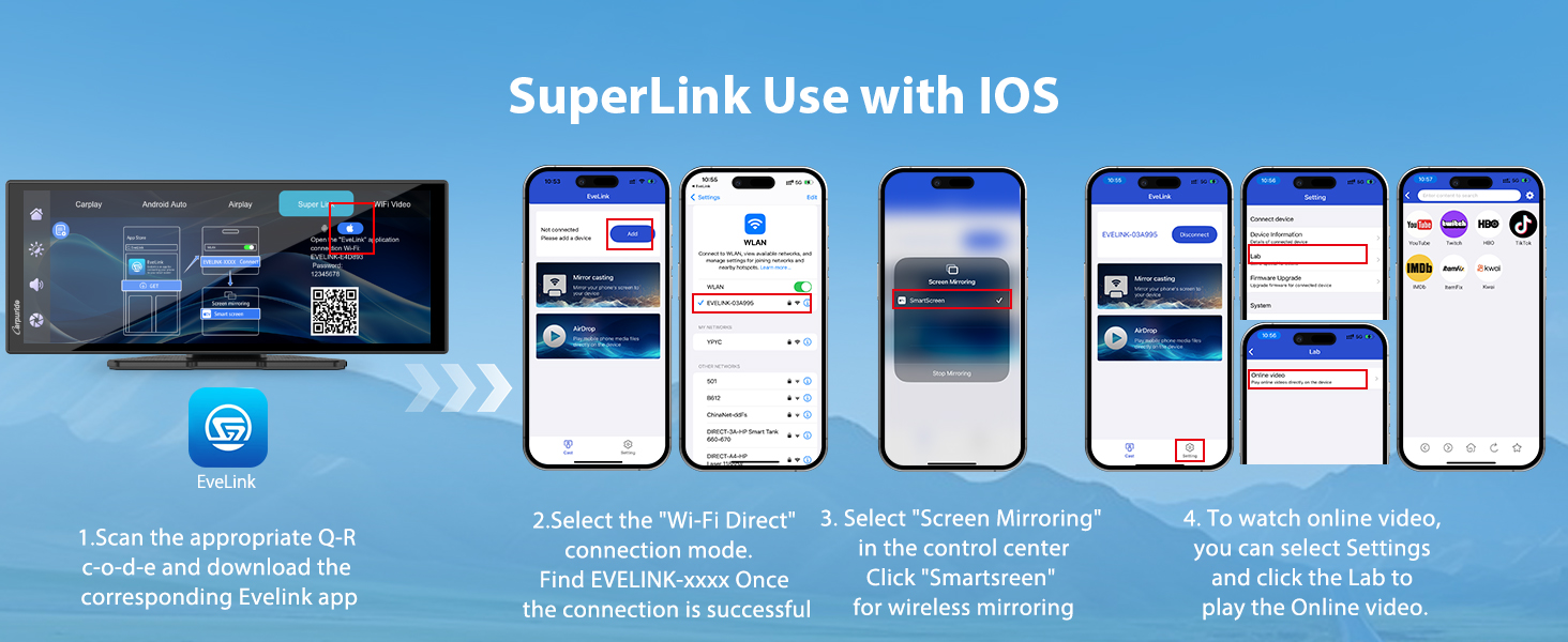 Text reads 'SuperLink Use with iOS'. Mobile app interface screenshots showing various setup and configuration screens with blue and white color scheme.