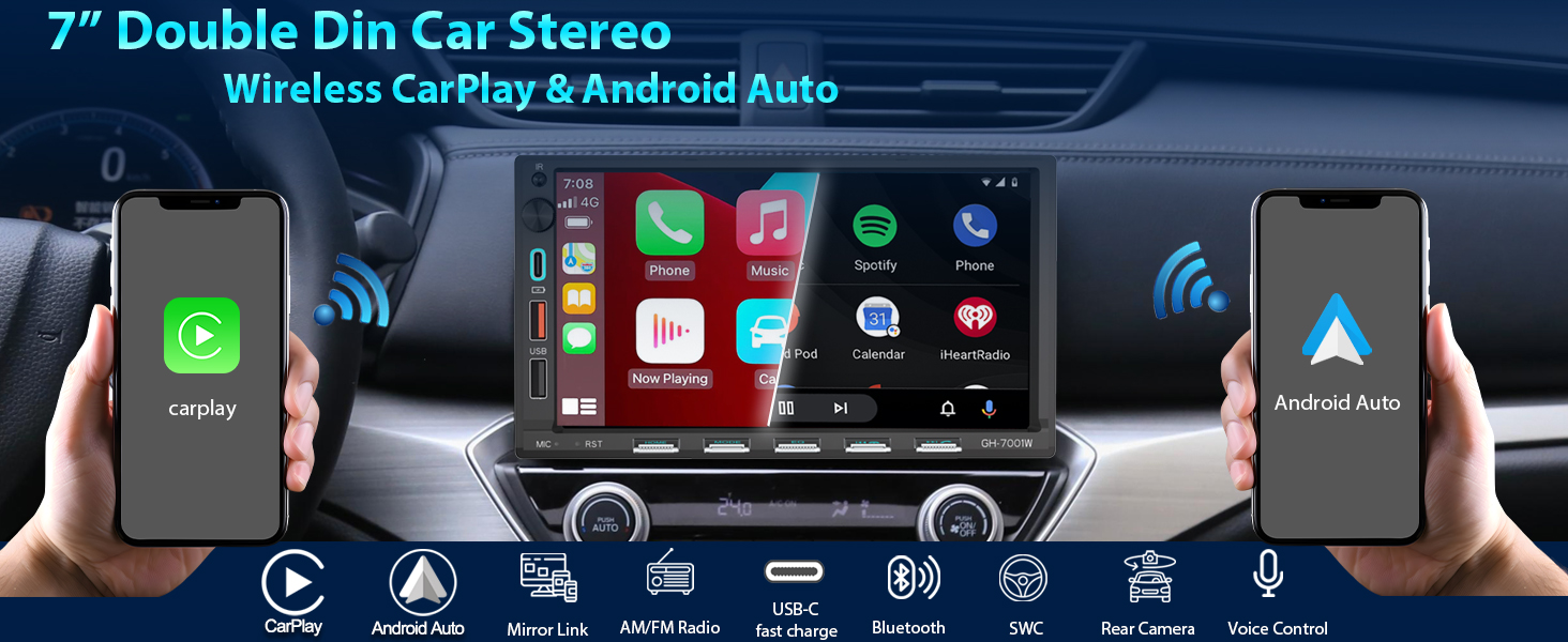Text reads '7" Double Din Car Stereo Wireless CarPlay & Android Auto'. Car dashboard display showing smartphone integration with multiple app icons and navigation interface.