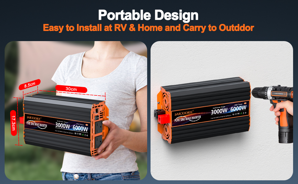 Text reads 'Built-in Protection Safety System'. Electronic inverter device with orange accents showing six protection feature icons including short circuit and auto recovery indicators.