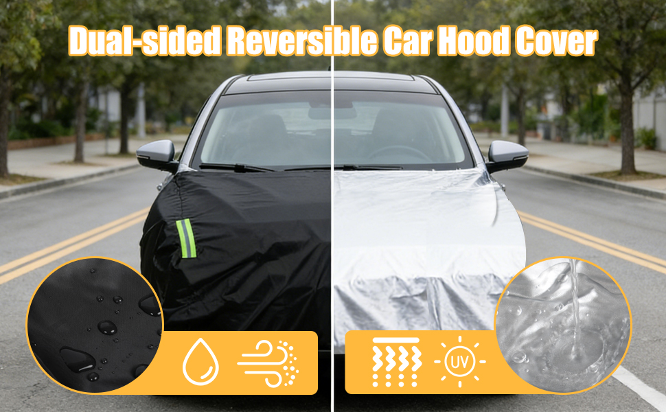 Text reads 'Elastic Hem for a Custom Fit'. Product demonstration showing black elastic hem feature on vehicle covers, with three different vehicles displayed above.