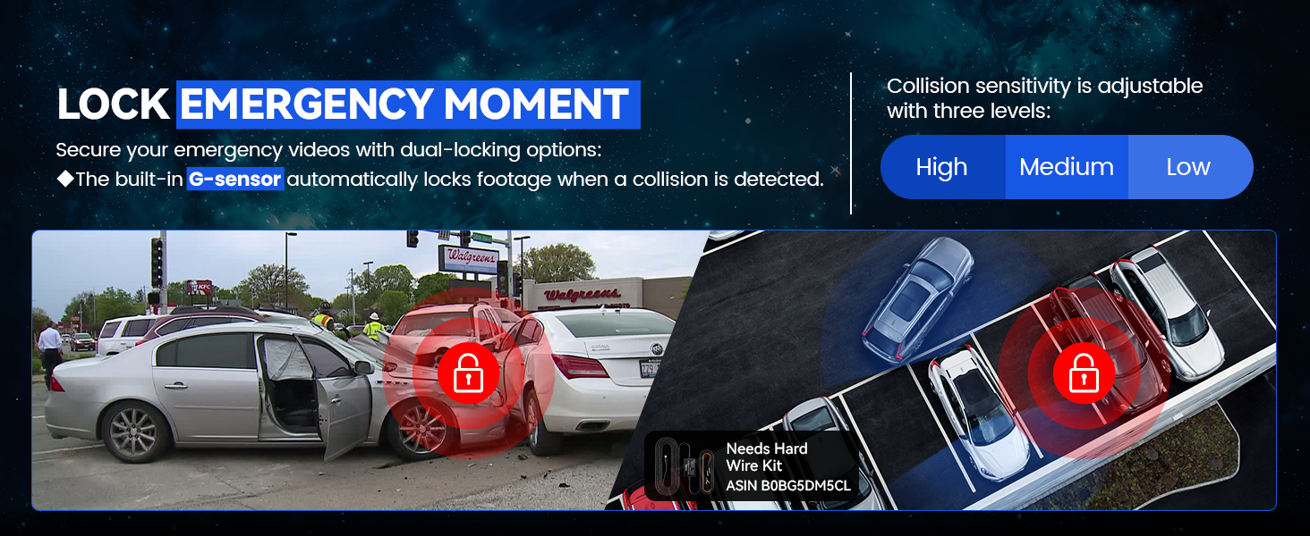 Car safety device interface showing 'LOCK EMERGENCY MOMENT' text, with options for high, medium, and low settings. Images of cars in various situations.