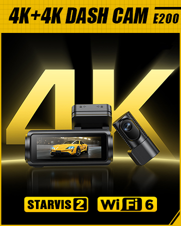 Text reads 'GKU' and 'ABOUT US: GKU is dedicated to enhancing road safety through innovative and reliable dash cam solutions.Our products are designed with a focus on quality, performance, and advanced features'. Yellow background with car icon and headlight imagery.
