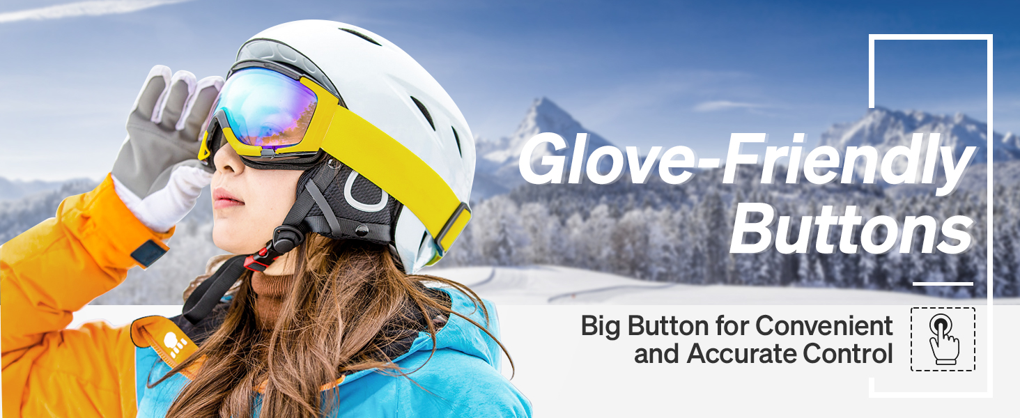 Ski helmet with glove-friendly buttons for convenient control. White helmet shown on a person wearing colorful ski gear against a snowy mountain backdrop.