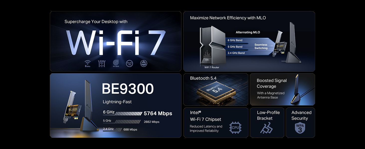 Text reads 'WIFI 7' and 'BE9300'. Dark-themed technical product promotional images with blue accent lighting showing networking device features.