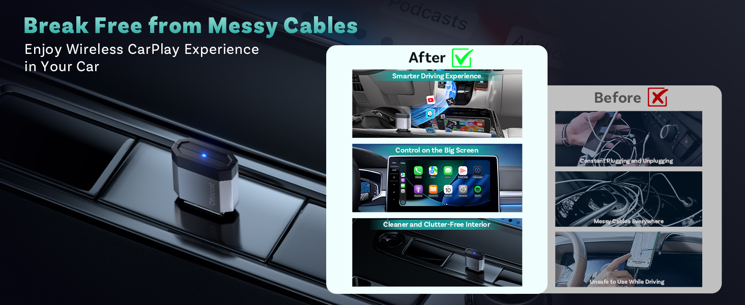 Text reads 'Break Free From Messy Cables'. Before/After comparison showing car dashboard with messy cables versus clean wireless charging setup.
