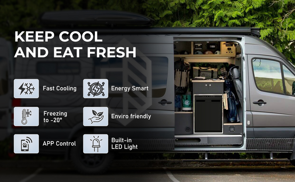 Text reads 'KEEP COOL AND EAT FRESH'. Digital interface showing various icons and menu options in a dark theme display.