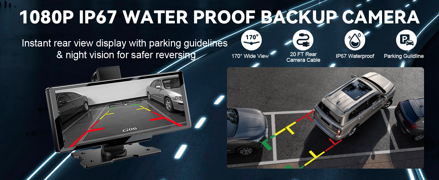 Text reads: '1080P IP67 WATER PROOF BACKUP CAMERA'. Product demonstration showing backup camera view with parking guidelines and multiple viewing angles of car-mounted camera.