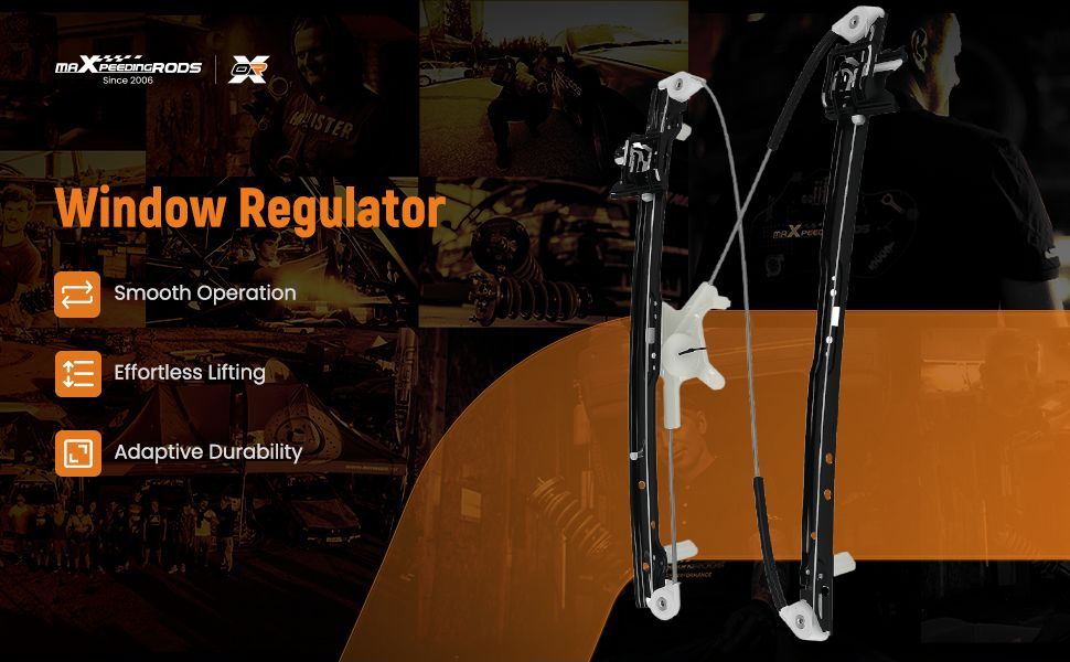 Text reads 'Image 7' and 'Window Regulator'. Technical product display showing car window mechanism components with orange-tinted background and specification details.