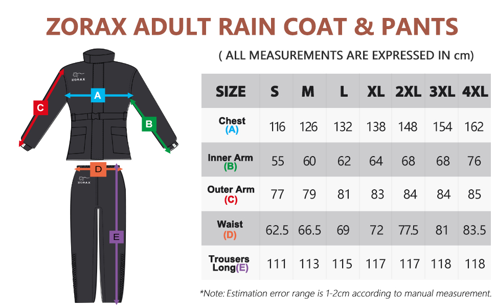 Black waterproof jacket features showing leg-taper mechanism, adjustable cuffs, and inner pocket. Text indicates 'WATERPROOF AND PROTECTS FROM RAIN AND WIND' with detailed diagrams of features.