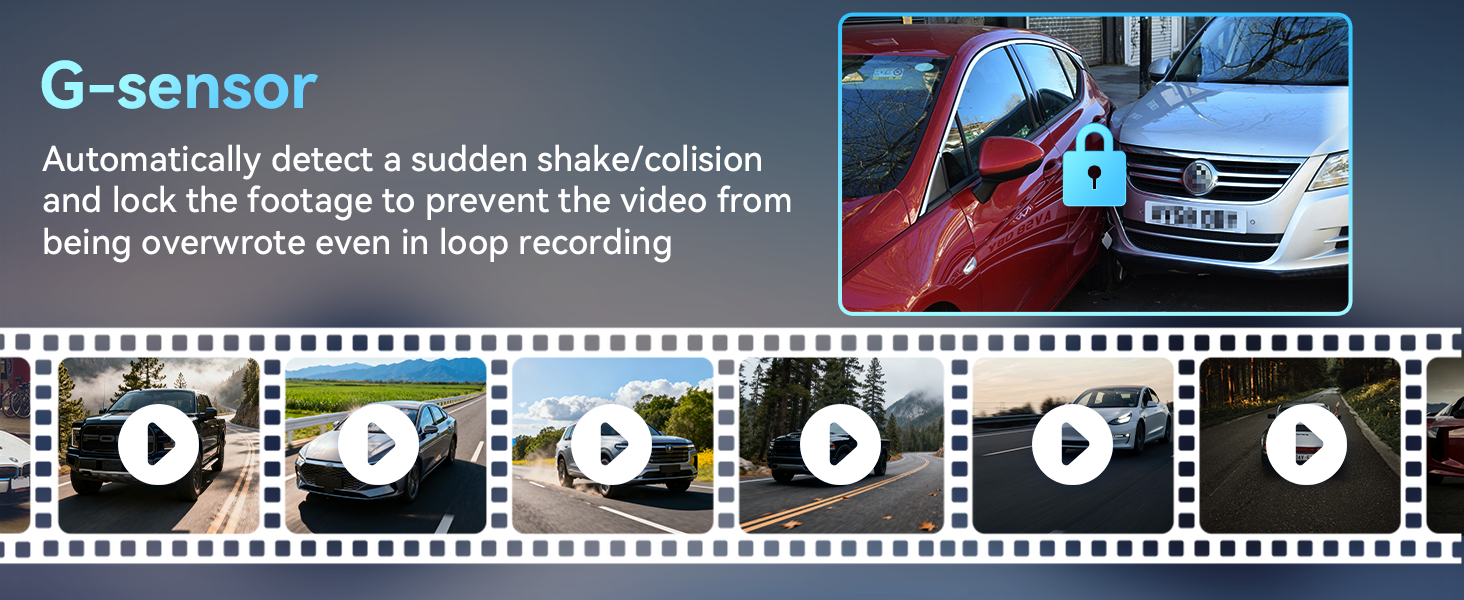 Text reads 'G-sensor'. Advertisement shows a car with multiple camera views and icons, demonstrating video surveillance or dash cam functionality.