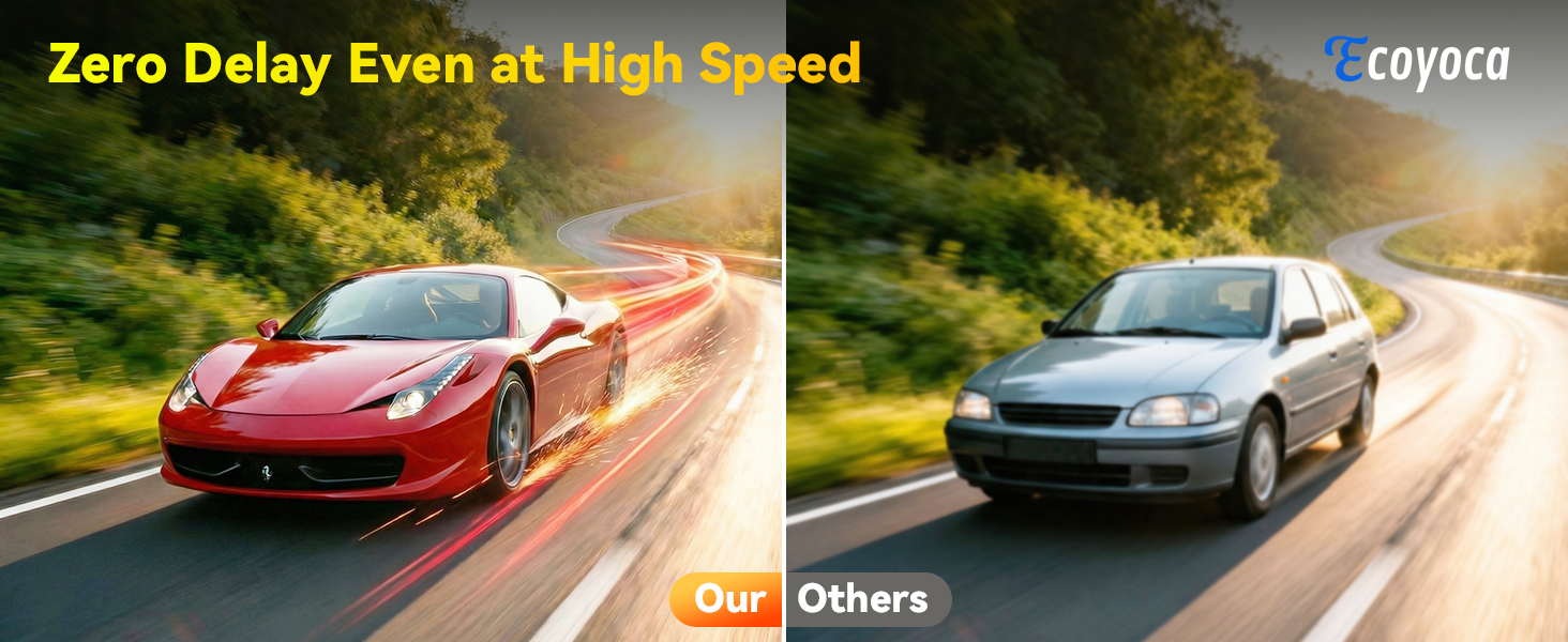Text reads 'Zero Delay Even at High Speed'. Marketing image showing red sports car and silver sedan on scenic mountain road.