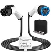 Text reads '7.4KW/32A' on charging cable. Electric vehicle charging equipment showing black cable with white connectors and blue charging port.