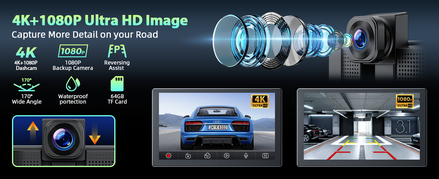 Technical product specification display showing interface elements and camera features with multiple screen displays and settings menus.