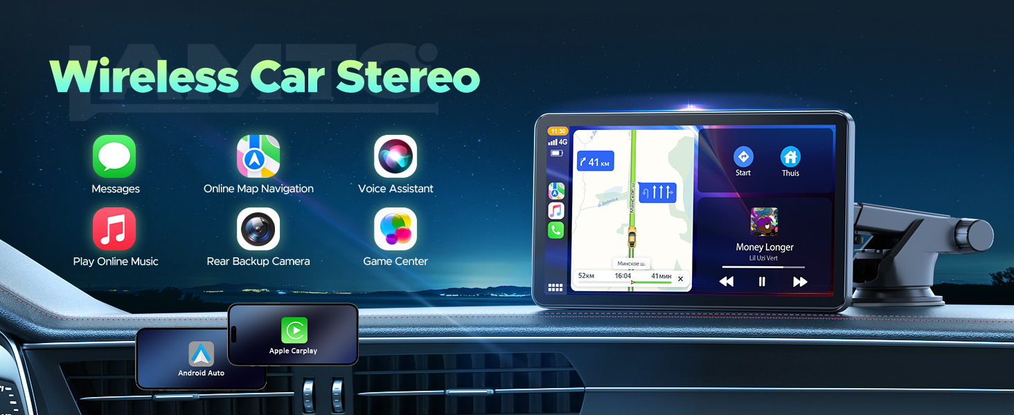 Car dashboard display showing wireless stereo interface with multiple app icons including music, navigation, and phone connectivity features.