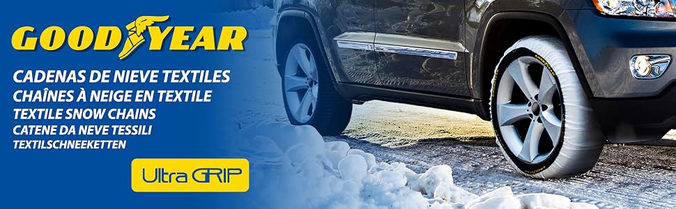 Blue banner with logo and photo of tires with chains in the snow