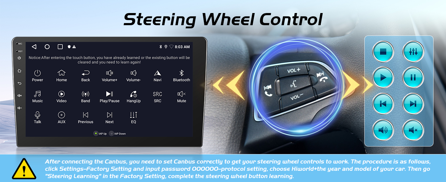 Text reads 'Steering Wheel Control'. Series of automotive interface screens showing various control settings and menu options in blue and black colors.