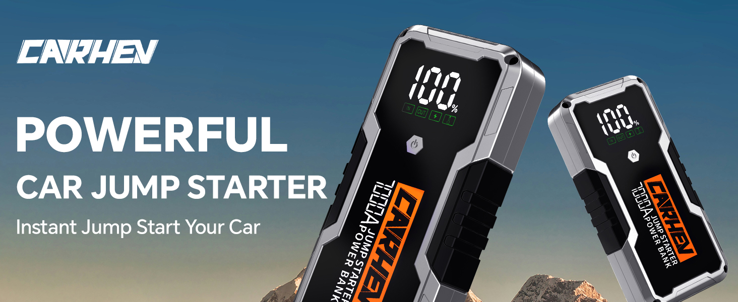 Text reads 'POWERFUL' and 'CAR JUMP STARTER'. Product display showing car battery jump starter device with digital display and power specifications.