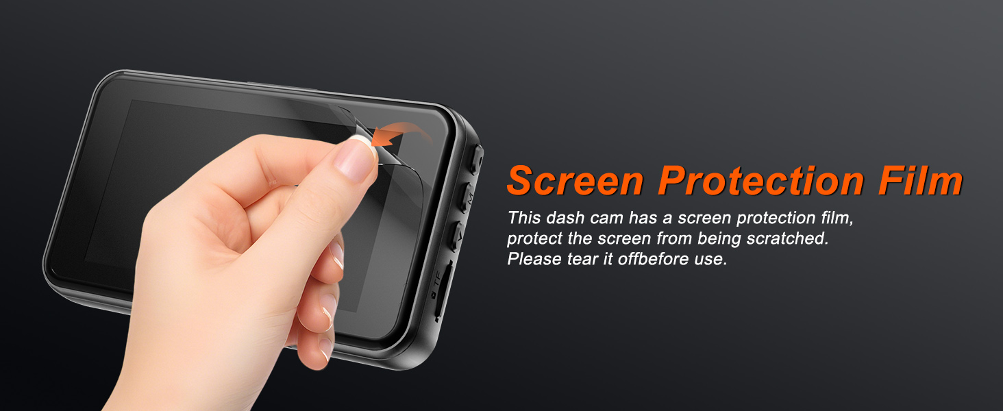 Text reads 'Screen Protection Film' with product description about durable protective film, showing hand holding dark screen protector against black background.