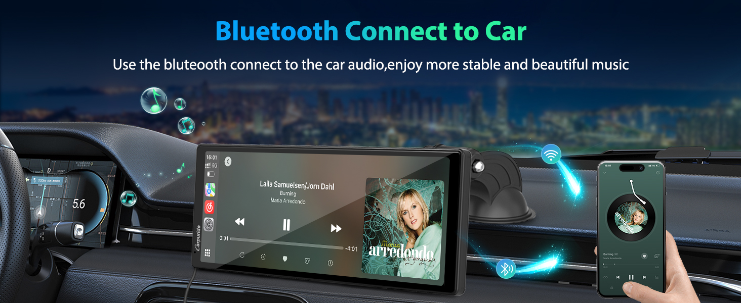 Car dashboard with large touchscreen display showing music interface. Smartphone held nearby, with Bluetooth symbols indicating wireless connection for audio streaming in vehicle.