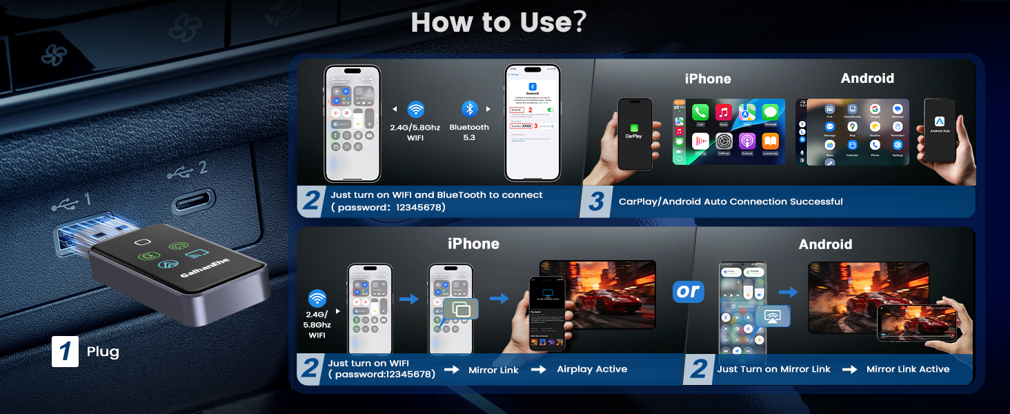 Text reads 'How to Use?' A series of instructional panels showing device setup and connection process for what appears to be a gaming or computer peripheral device.