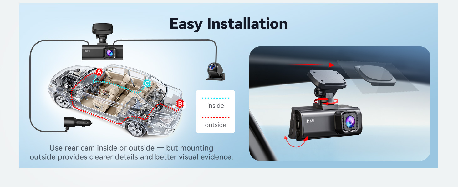 Text reads 'Easy Installation'. Technical diagram showing camera installation steps with multiple views of dashboard camera mounting.