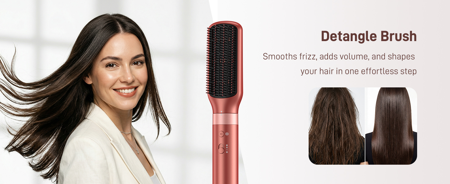 Text reads 'Detangle Brush'. Woman with long dark hair on left; center shows coral/pink cylindrical brush product; right shows before/after hair texture comparison.