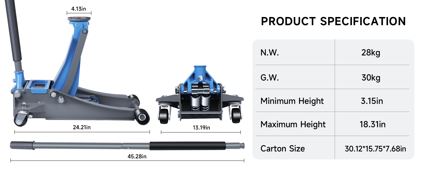 Blue hydraulic floor jack with specifications. Maximum height 18.31in, minimum 3.15in. Net weight 28kg, gross 30kg. Includes dimensions and carton size details.