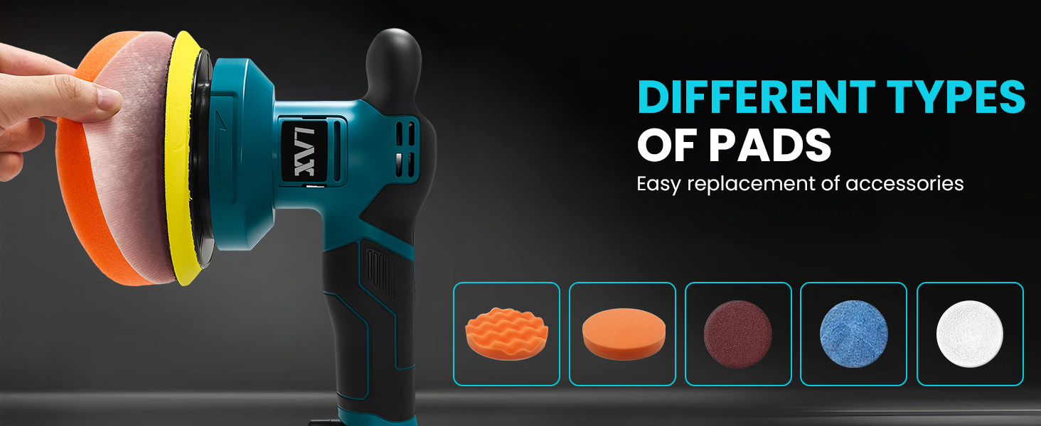 Text reads 'DIFFERENT TYPES OF PADS'. Display of various colorful exercise or sports pads arranged in a row against black background.