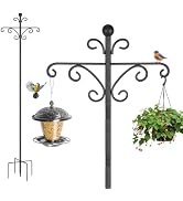 Ornate black metal bird feeder stand with decorative scrollwork, featuring hanging dome feeder, wire mesh basket, and spike ground anchor for outdoor garden placement.