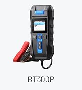 Text reads 'BT200'. Blue and black digital battery tester with red and black test leads attached, displayed against white background.