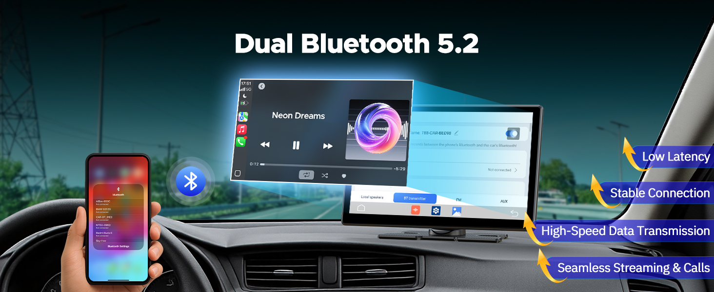 Text reads 'Dual Bluetooth 5.2'. Car entertainment system interface showing smartphone connectivity and multimedia features with blue technological graphics.