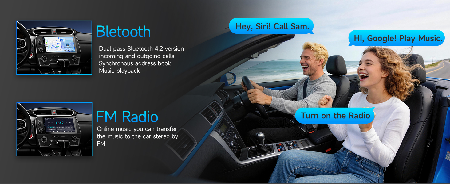 Text reads 'Bletooth', 'FM Radio', 'Hey, Siri! Call Sam', 'I'm on the Radio'. Digital interface displays showing car entertainment system features with blue lighting accents.