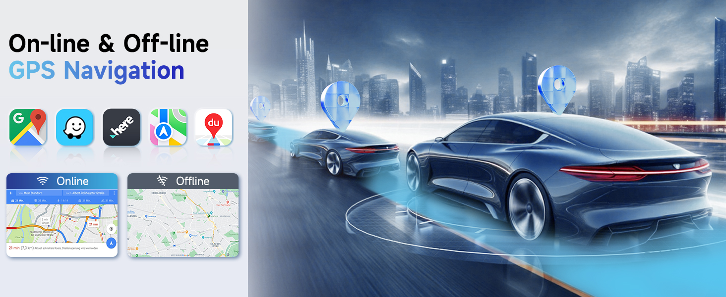Text reads 'On-line & Off-line' and 'GPS Navigation'. Composite image showing luxury car and navigation interface elements against blue-tinted background.