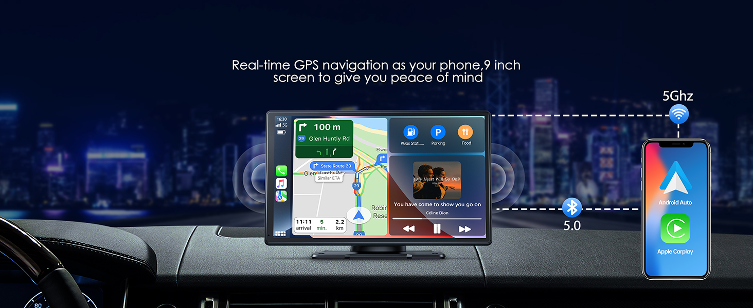 Car dashboard mount displaying split-screen navigation and media interface, with smartphone connectivity demonstration.