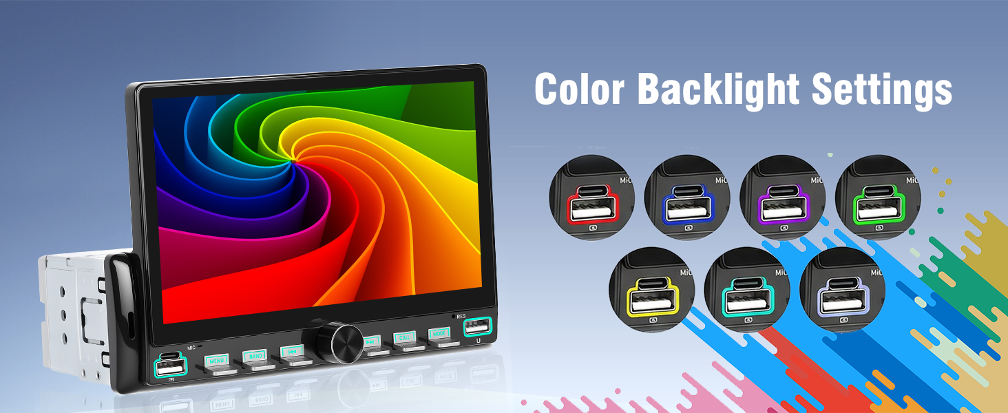 Text reads 'Color Backlight Settings'. Display panel showing colorful backlight configuration options with rainbow gradient patterns and control indicators.